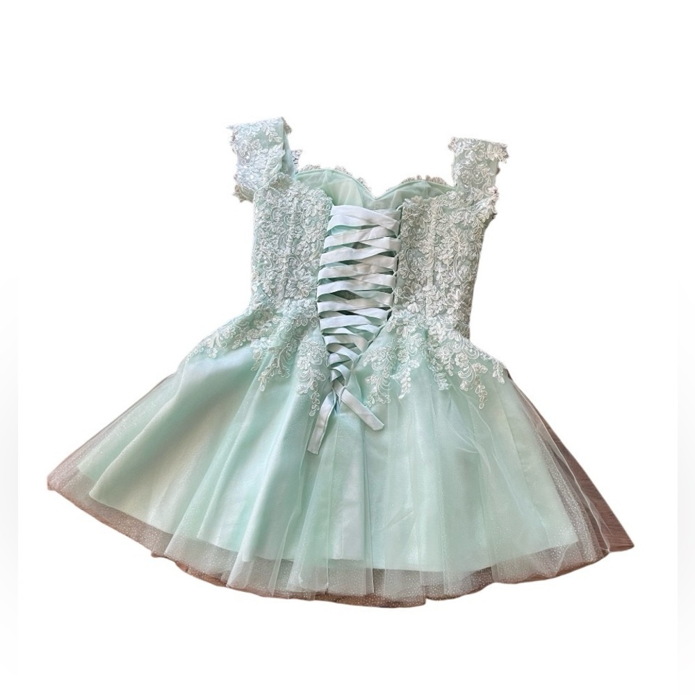 Lace Short Glitter Tulle Cold Shoulder Formal Prom Dress Size 10 Light Green.NWT - Picture 3 of 10